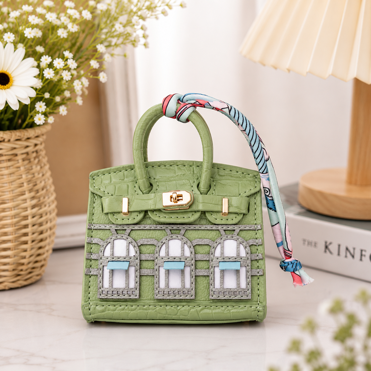Mini House Bag Charm with Scarf – Faux Leather Coin Purse & Earbud Pouch