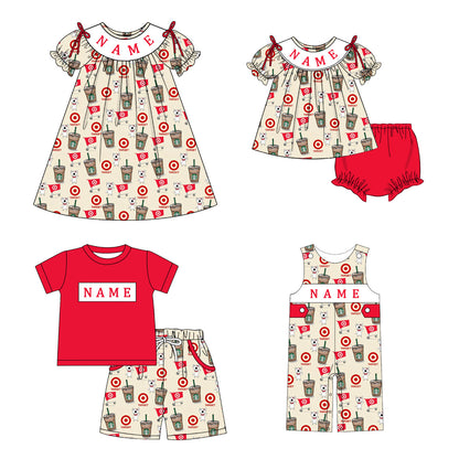 Kids Summer Red Cartoon Smocked Custom Name Holiday Outfits