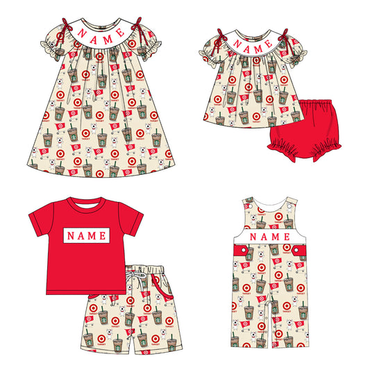 Kids Summer Red Cartoon Smocked Custom Name Holiday Outfits