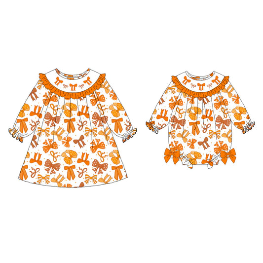 Girls Fall Orange Bow Smock Embroidery Sibling Dress&Romper