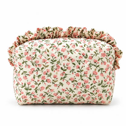 Diamond Quilted Ruffle Floral, Bow Print Makeup Cosmetic Bag – Toiletry & Travel Pouch