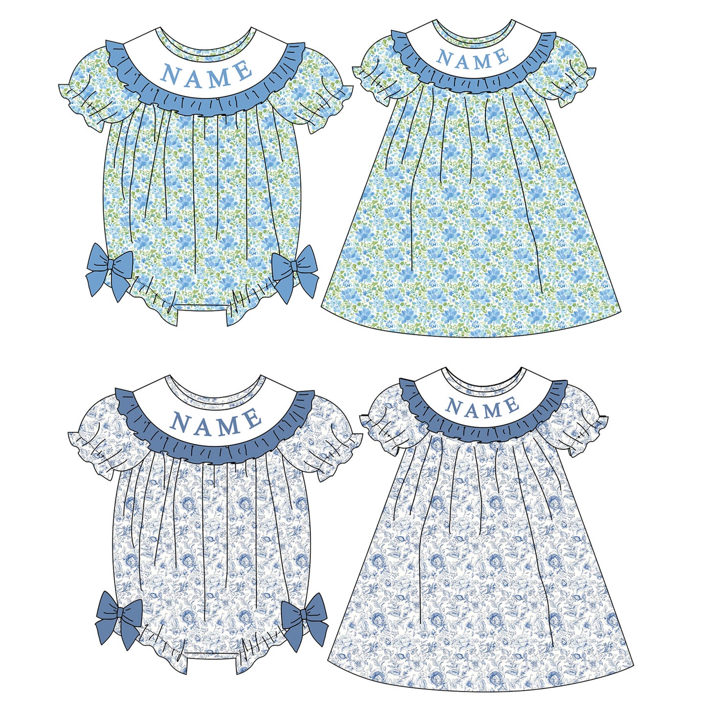 Girl Custom Name Smocked Embroidered Blue Floral Collection