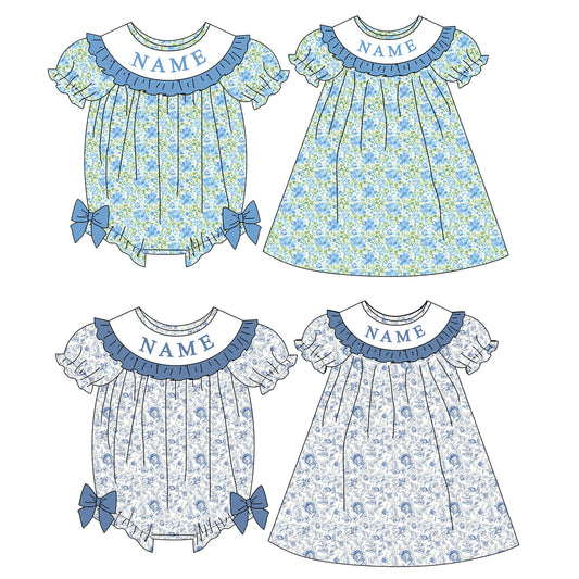Girl Custom Name Smocked Embroidered Blue Floral Collection