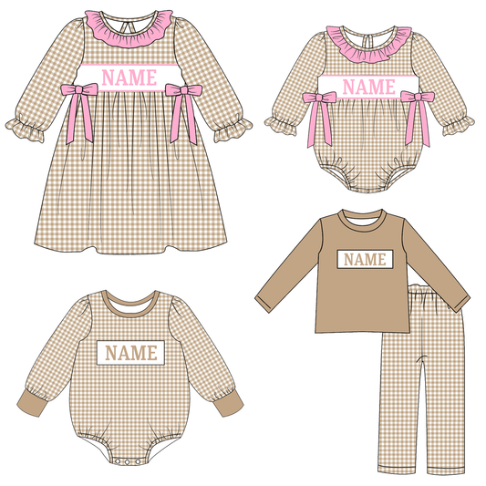 Kids Christmas CUSTOM NAME Embroidery Beige Plaid Sibling Clothes
