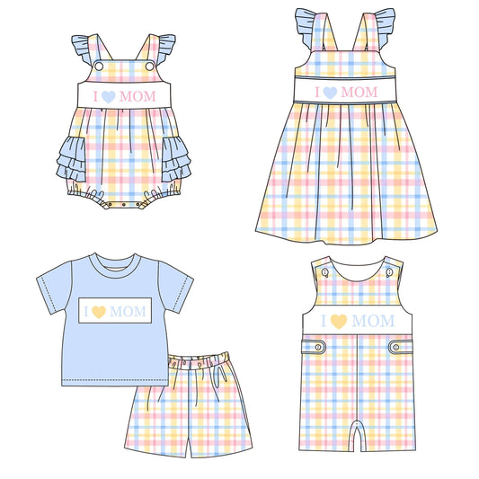 Smocked Mother's Day Kids Collection – Embroidered I LOVE MOM Plaid Outfits