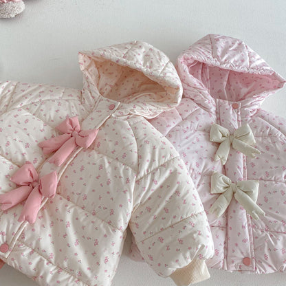 2025 Winter Girls’ Floral Cotton Coat Hooded Padded Jacket with Bow Decor