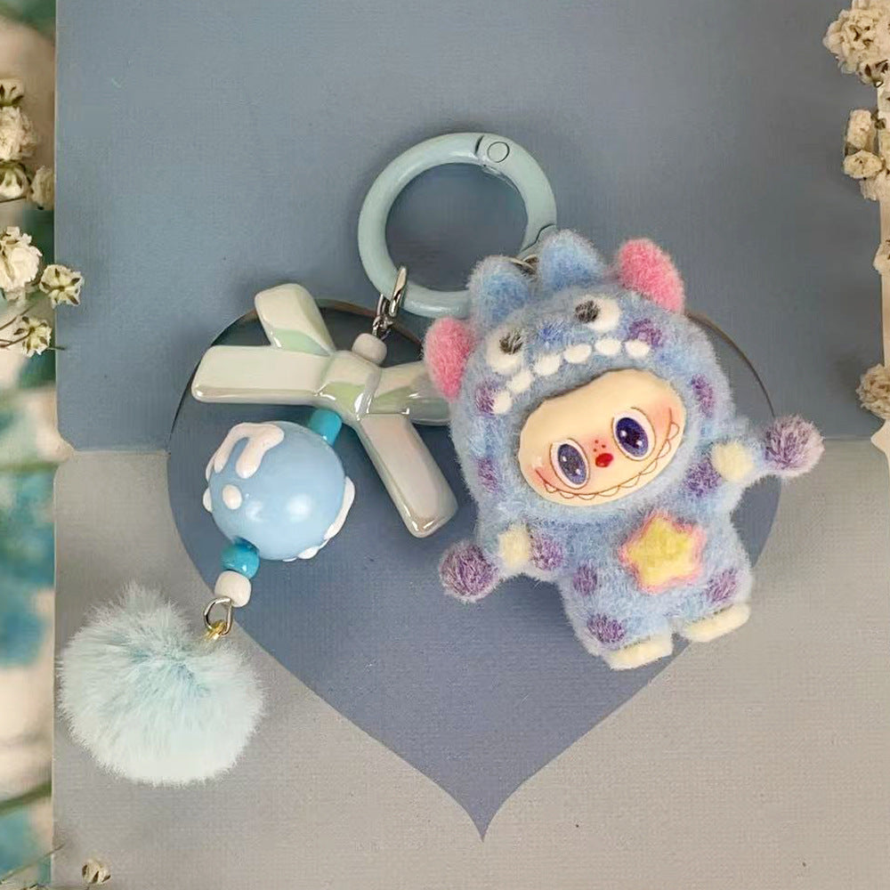 Flocked Labubu Key chain Pom-pom Backpack Charm Trendy Merchandise