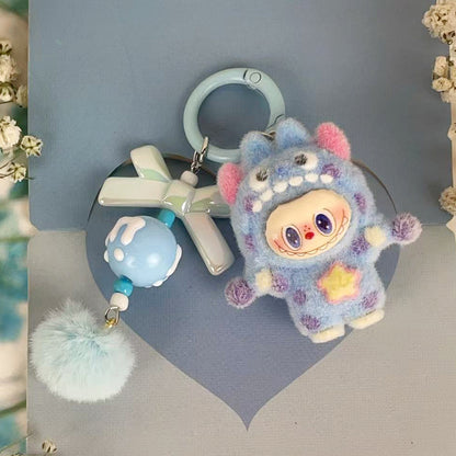 Flocked Labubu Key chain Pom-pom Backpack Charm Trendy Merchandise