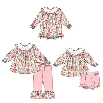 Fall Winter Floral Print Smocked Embroidery Personalized Name Outfit Collection