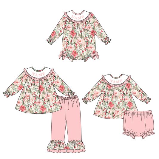 Fall Winter Floral Print Smocked Embroidery Personalized Name Outfit Collection