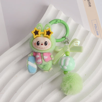 New Flocked Surfboard Sunglasses Labubu Beaded Keychain Cute Charm Bag Pendant Accessory