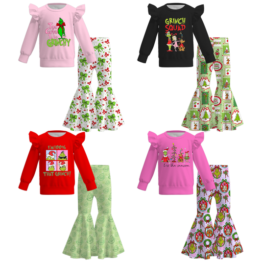 2025 Christmas Grinch Print Bell Pant Set For Girls