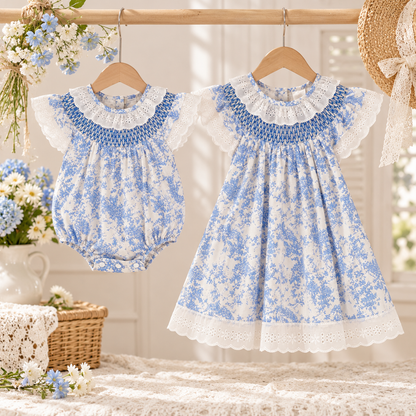 Girls Blue Floral Smocked Dress & Baby Romper – Cotton Summer Sister Matching Outfit