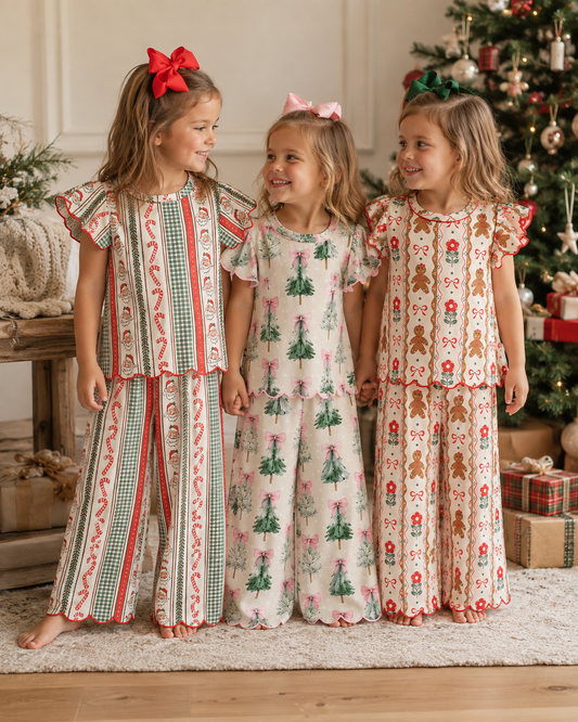 Girls Christmas Pajama Set – Ruffle Short Sleeve Top & Wide Leg Pants, Holiday Santa, Christmas Tree & Gingerbread Prints