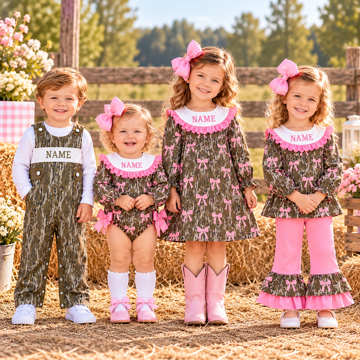 Personalized Camo & Pink Bow Kids Outfits – Custom Name Embroidery Girls Dress, Romper, Ruffle Pants Set & Boys Overall Romper
