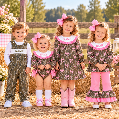 Personalized Camo & Pink Bow Kids Outfits – Custom Name Embroidery Girls Dress, Romper, Ruffle Pants Set & Boys Overall Romper