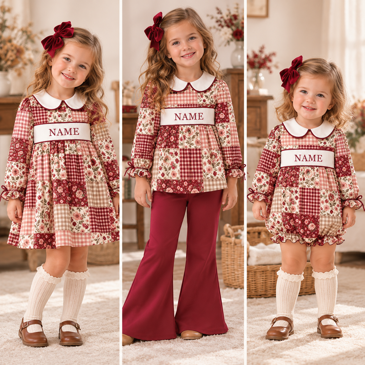 Personalized Girls Fall Winter Smocked Outfits – Custom Name Embroidery Floral Patchwork Dress, Bell Bottom Pants Set & Baby Romper
