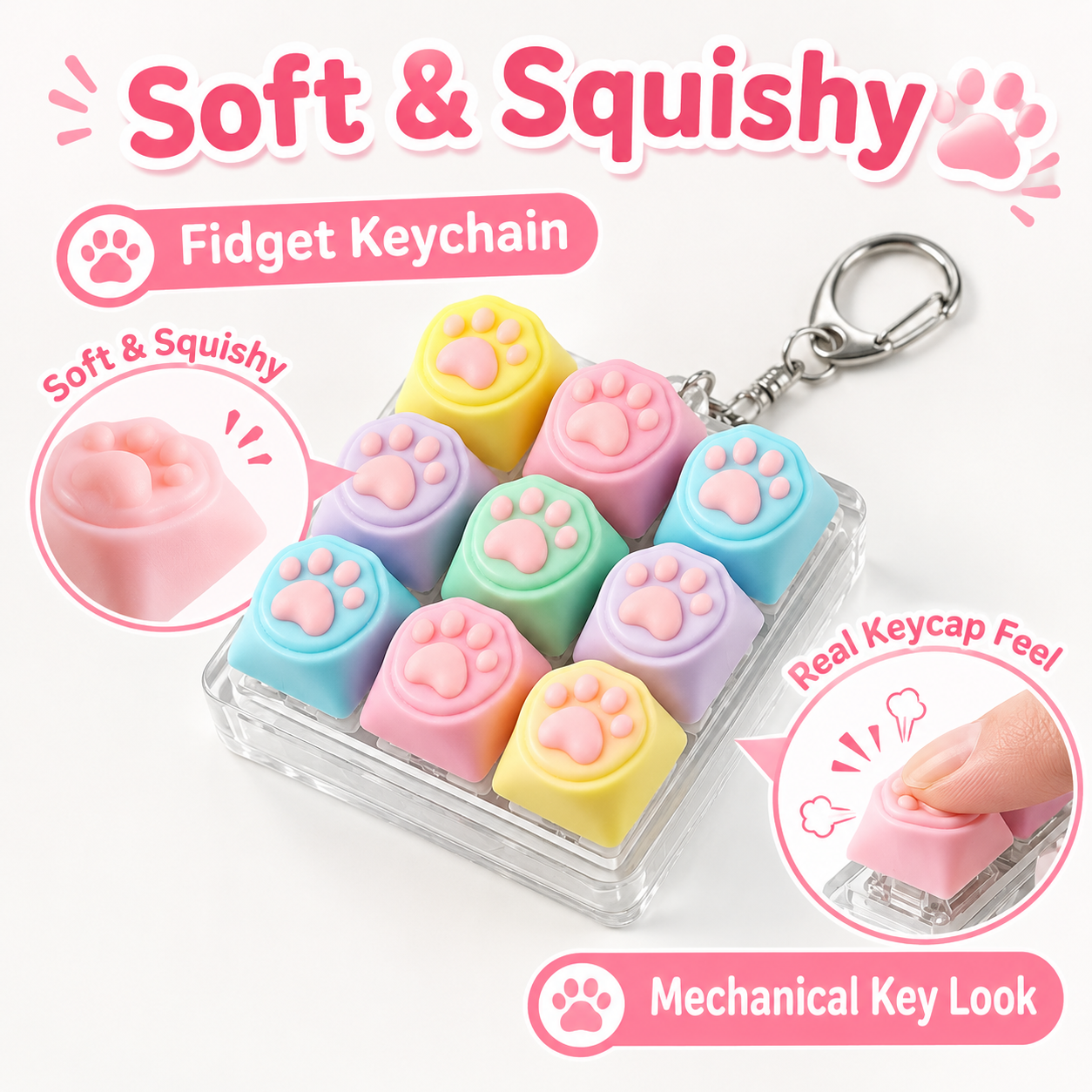Kawaii Paw Print Keycap Bag Charm Keychain – Cute Mini Keyboard Keychain for Gifts