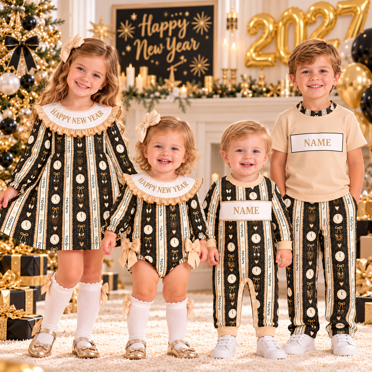 2027 New Year Smocked Embroidery Sibling Matching Outfits – Personalized Girls Dress, Baby Romper & Boys Sets
