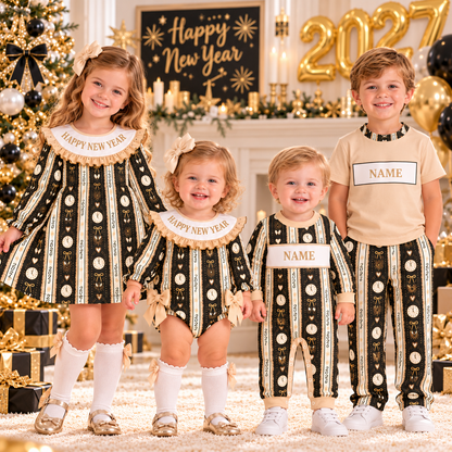 2027 New Year Smocked Embroidery Sibling Matching Outfits – Personalized Girls Dress, Baby Romper & Boys Sets