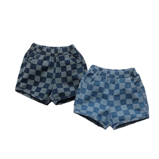 Summer Boys' Checkered Elastic Waist Pocket Denim Shorts