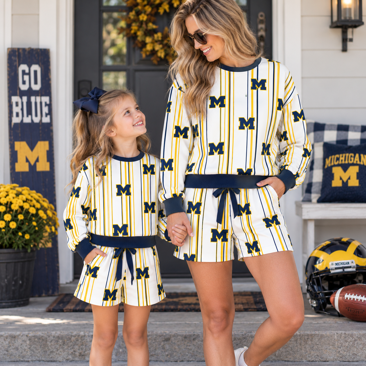 College Game Day Mommy & Me Matching Outfit Sets – Women's & Girls' Long Sleeve Sweatshirt and Shorts Set