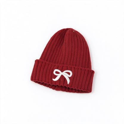 Girls Bow Embroidered Knit Beanie – Ribbed Cuffed Winter Hat, Ages 3–10