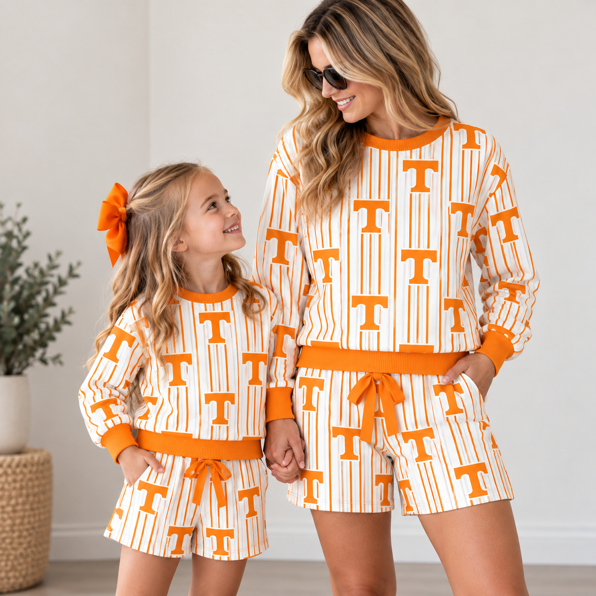 College Game Day Mommy & Me Matching Outfit Sets – Women's & Girls' Long Sleeve Sweatshirt and Shorts Set
