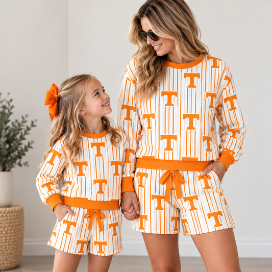 College Game Day Mommy & Me Matching Outfit Sets – Women's & Girls' Long Sleeve Sweatshirt and Shorts Set