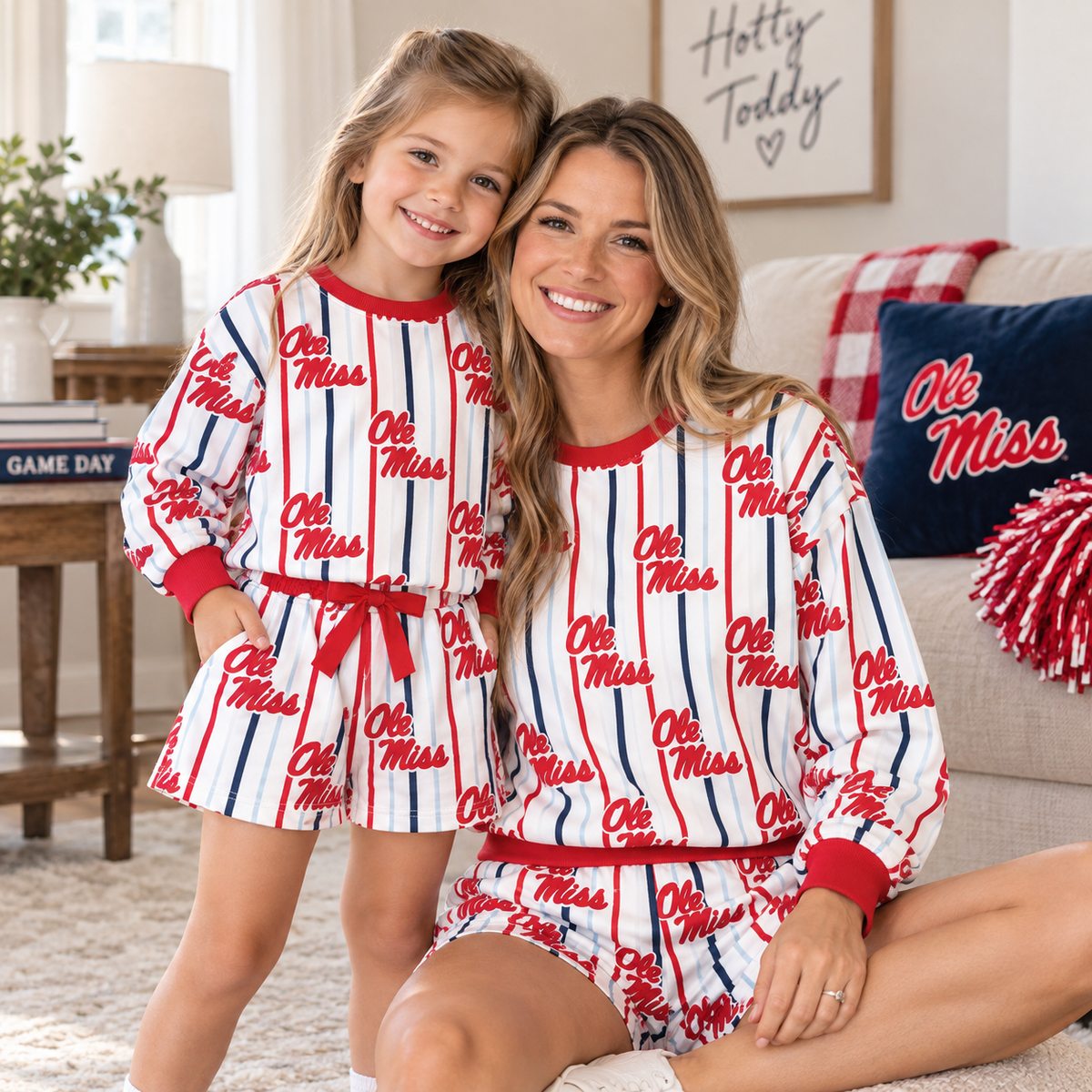 College Game Day Mommy & Me Matching Outfit Sets – Women's & Girls' Long Sleeve Sweatshirt and Shorts Set