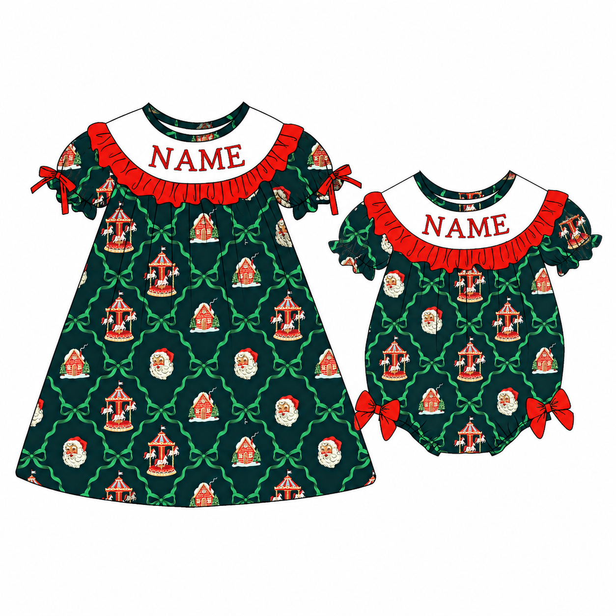 Personalized Christmas Santa Smocked Sister Matching Outfit – Girls Dress & Baby Romper