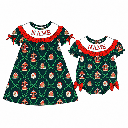 Personalized Christmas Santa Smocked Sister Matching Outfit – Girls Dress & Baby Romper