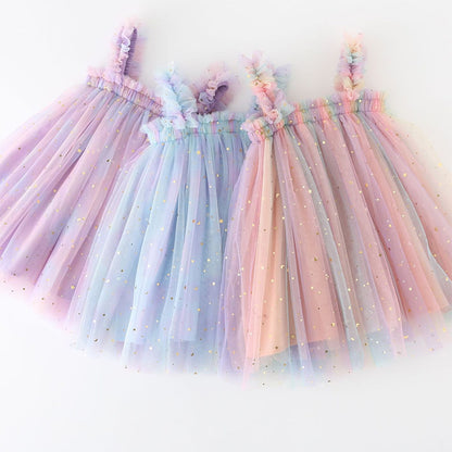 Girls Rainbow Tulle Dress Gold Stars Sparkly Fairy Style