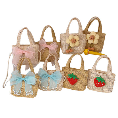 Spring Summer Kids Strawberry Bow Flower Straw Crossbody Bag