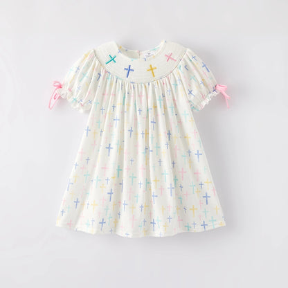 Toddler Girls Easter Cross Smocking Embroidery Dress