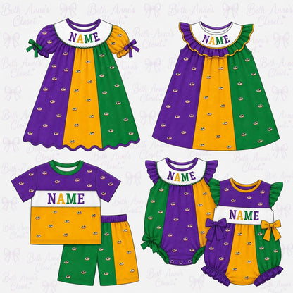 Personalized Mardi Gras Smocked Embroidery Sibling Outfits – Girls Dresses, Baby Rompers & Boys Set