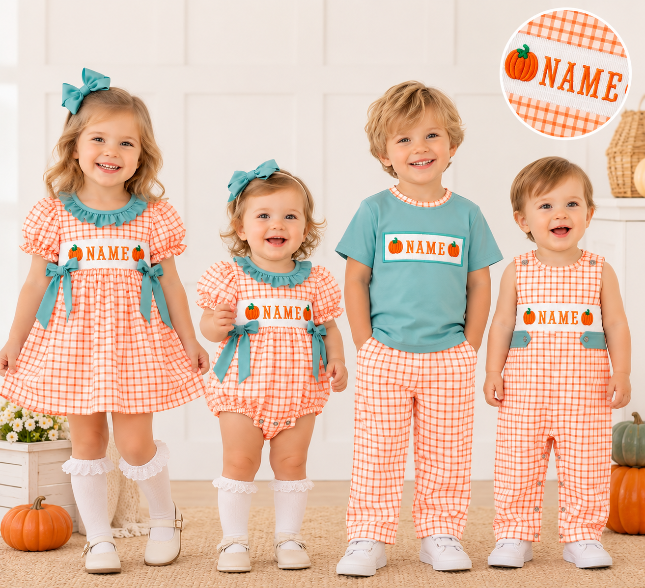 Personalized Pumpkin Smocked Embroidery Collection | Baby Bubble Romper, Long Romper, Dress & Pant Set | Fall & Halloween Boutique Kids Clothing