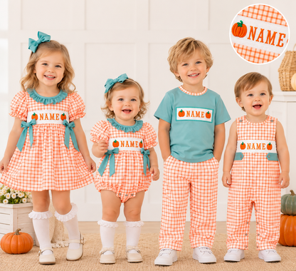 Personalized Pumpkin Smocked Embroidery Collection | Baby Bubble Romper, Long Romper, Dress & Pant Set | Fall & Halloween Boutique Kids Clothing