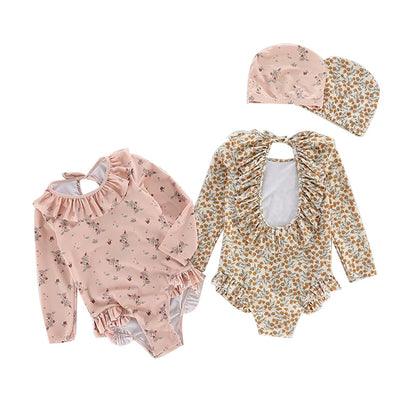 Girls' One-Piece Long Sleeve Swimsuit with Ruffled Hem
