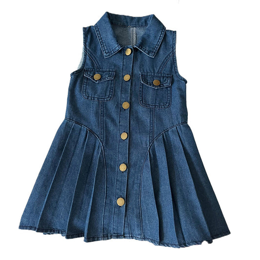 Girls Cotton Denim Pinafore Dress with Collar & Buttons