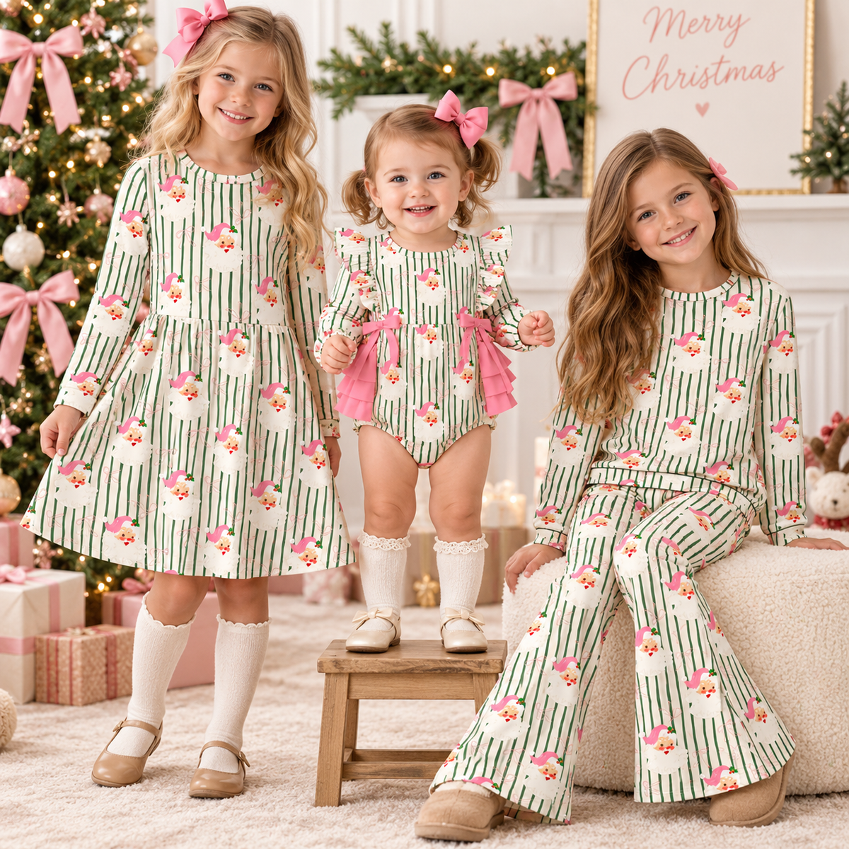 Christmas Santa Stripe Girls Dress, Romper & Pajama Set – Holiday Sibling Collection
