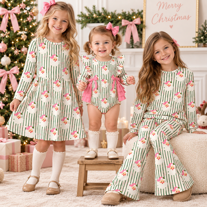 Christmas Santa Stripe Girls Dress, Romper & Pajama Set – Holiday Sibling Collection
