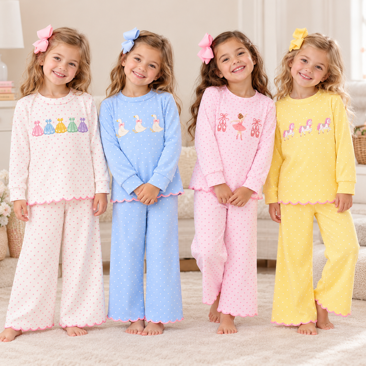 Girls Embroidered Scalloped Two-Piece Outfit – Long Sleeve Top & Wide Leg Pants Set, Ballet, Duck, Princess & Pony Designs