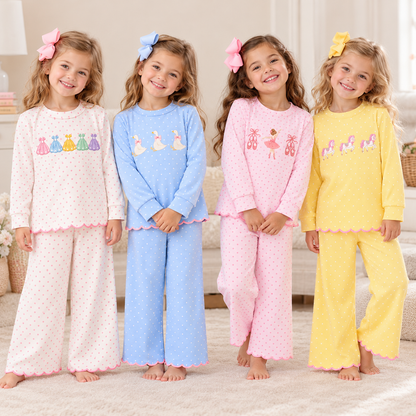 Girls Embroidered Scalloped Two-Piece Outfit – Long Sleeve Top & Wide Leg Pants Set, Ballet, Duck, Princess & Pony Designs