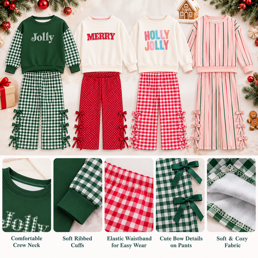 Girls Christmas Jolly Merry Printed Sweatshirt & Bow Wide Leg Pants Set – Holiday Plaid Long Sleeve Two-Piece Outfit