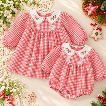 Girls Red Gingham Embroidered Dress & Baby Romper – Spring Cotton Sister Matching Outfit