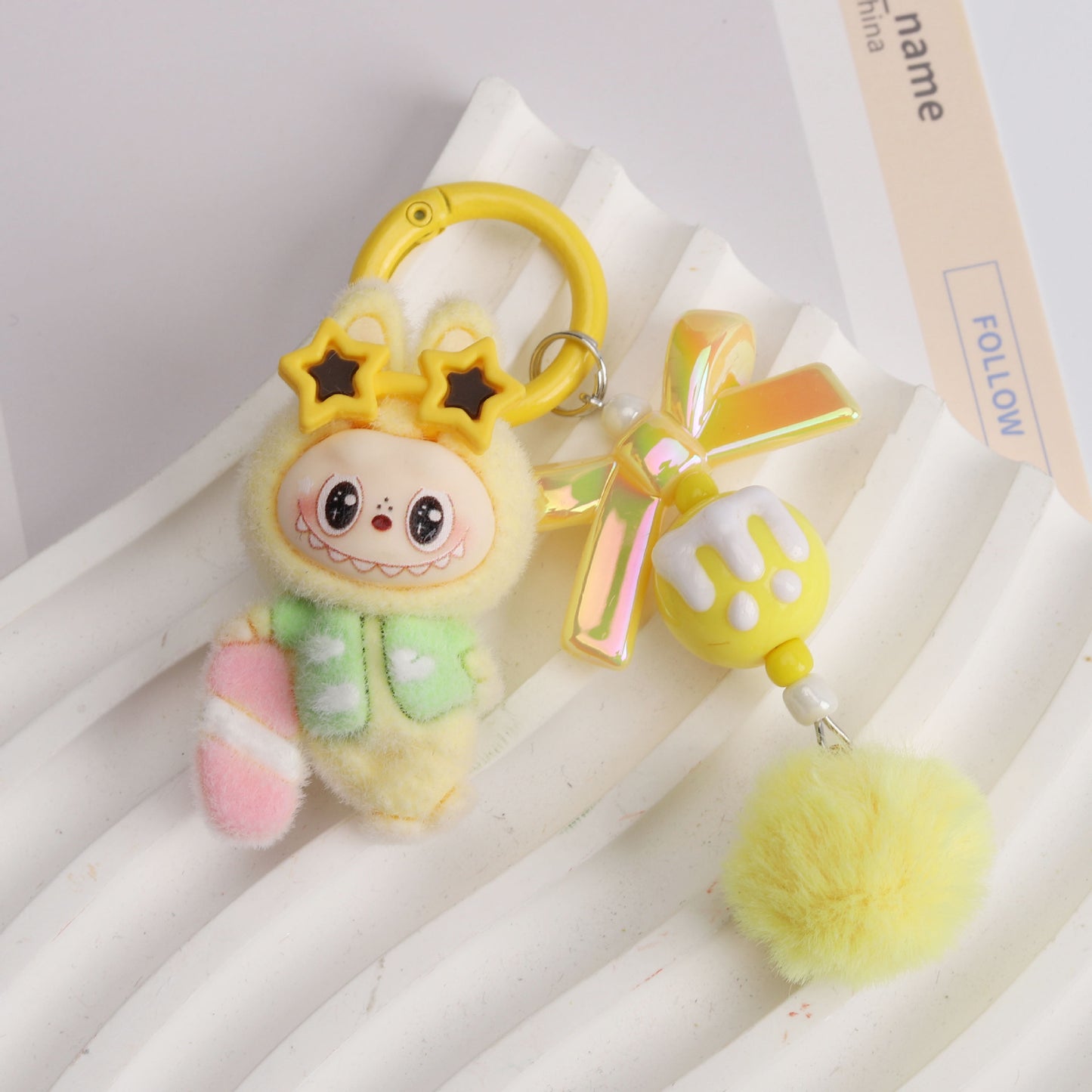 New Flocked Surfboard Sunglasses Labubu Beaded Keychain Cute Charm Bag Pendant Accessory