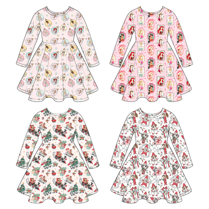 Girls Christmas Long Sleeve Twirl Dress – Festive Holiday Character Print Boutique Dress