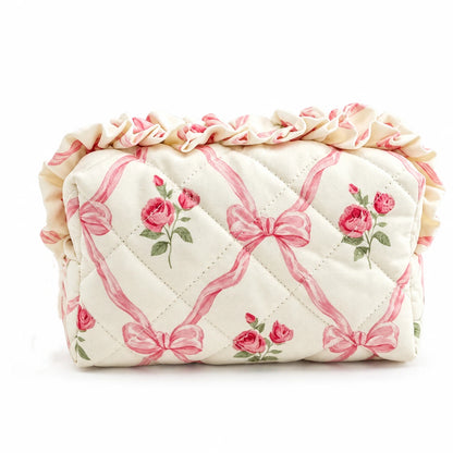 Diamond Quilted Ruffle Floral, Bow Print Makeup Cosmetic Bag – Toiletry & Travel Pouch