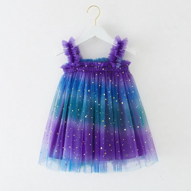 Girls Rainbow Tulle Dress Gold Stars Sparkly Fairy Style